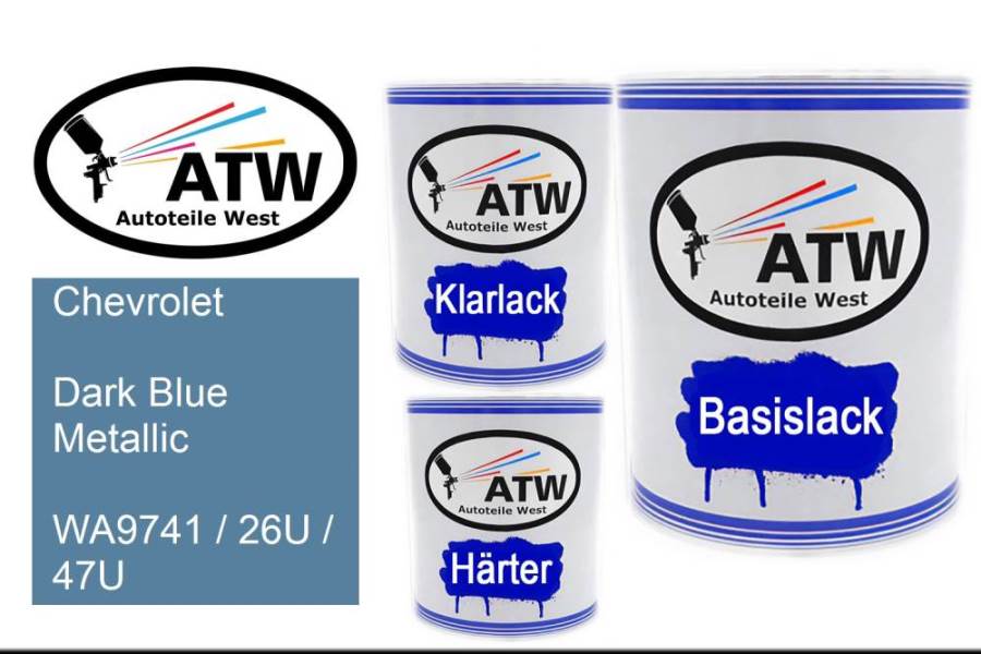Chevrolet, Dark Blue Metallic, WA9741 / 26U / 47U: 1L Lackdose + 1L Klarlack + 500ml Härter - Set, von ATW Autoteile West.